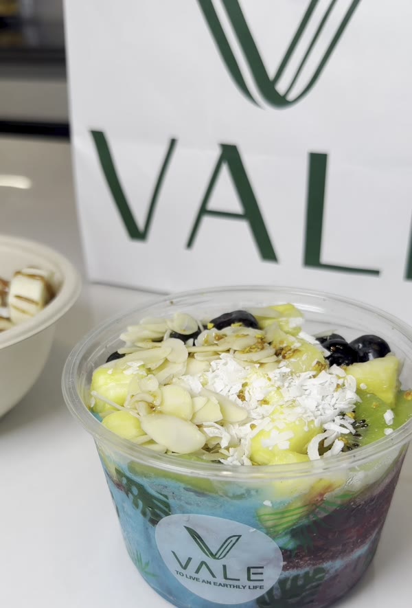 Blue Almond Berry açaí bowl topped with almonds, pineapple, kiwi and coconut, in front of the Vale bag