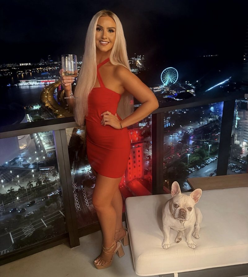 Luna the French Bulldog sitting on a balcony bench, Miami skyline at night